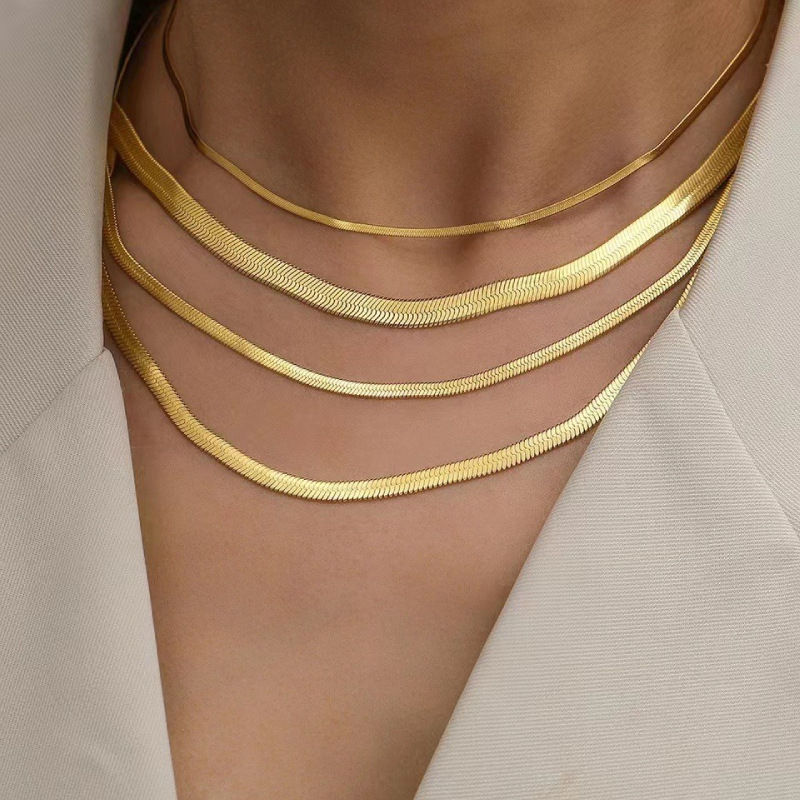 Titanium steel snake bone chain necklace for women, simple flat blade chain, gold and silver layered collarbone chain, European and American style neck chain accessory