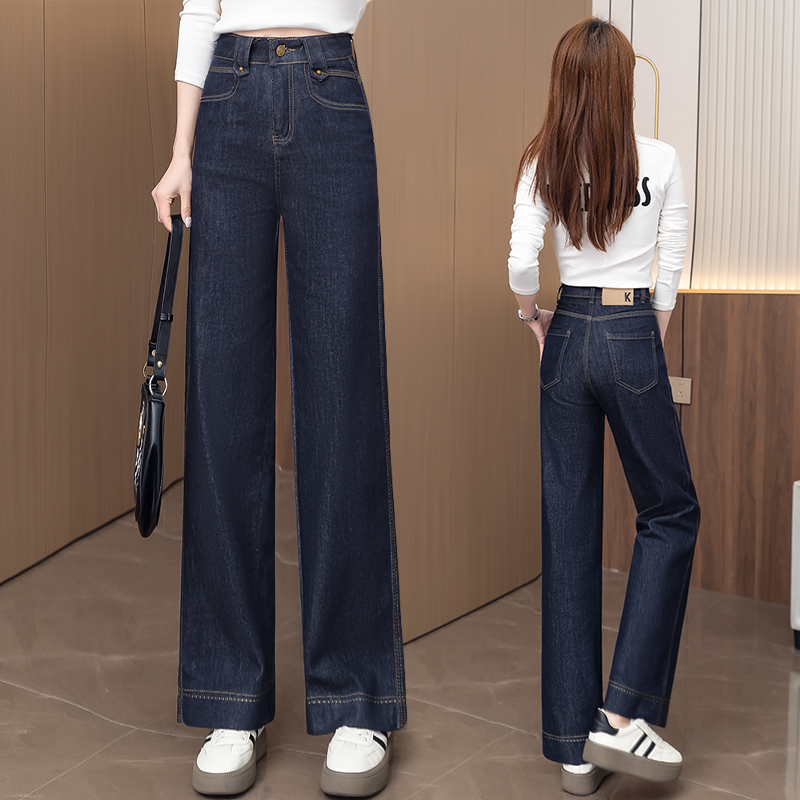 深蓝色阔腿牛仔裤女夏季2026新款时尚高腰宽松垂感百搭休闲直筒裤
