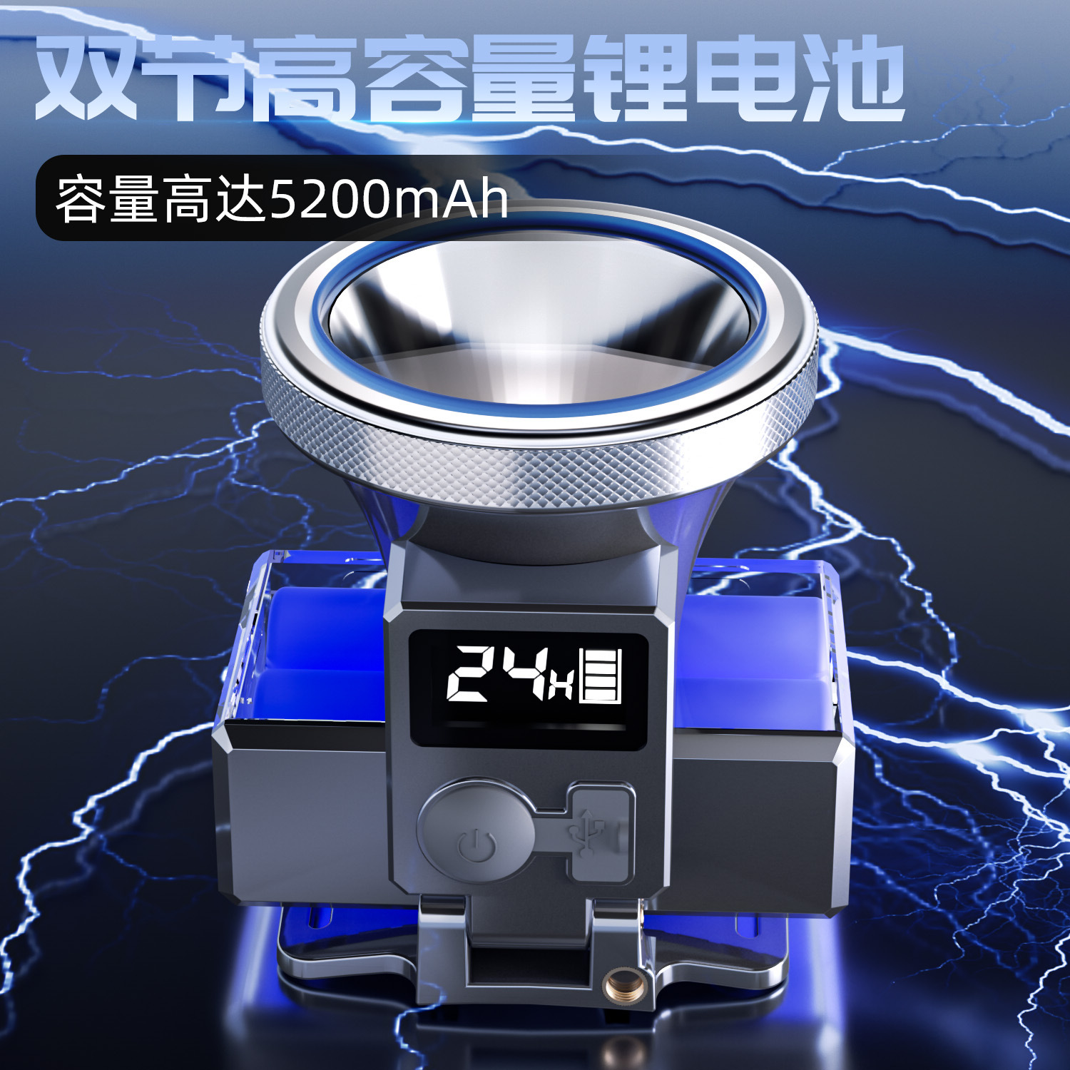 Cross-border two-light source, LED battery level display, charging, night riding headlight, zoom, long-range, aluminum alloy miner's lamp, strong headlight, night fishing headlight, work light Specification image