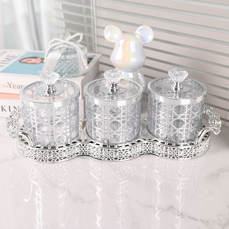 银色玻璃罐三联储物罐套装PET瓶塑料玻璃罐储物罐收纳展示食品级PP透明塑料桶