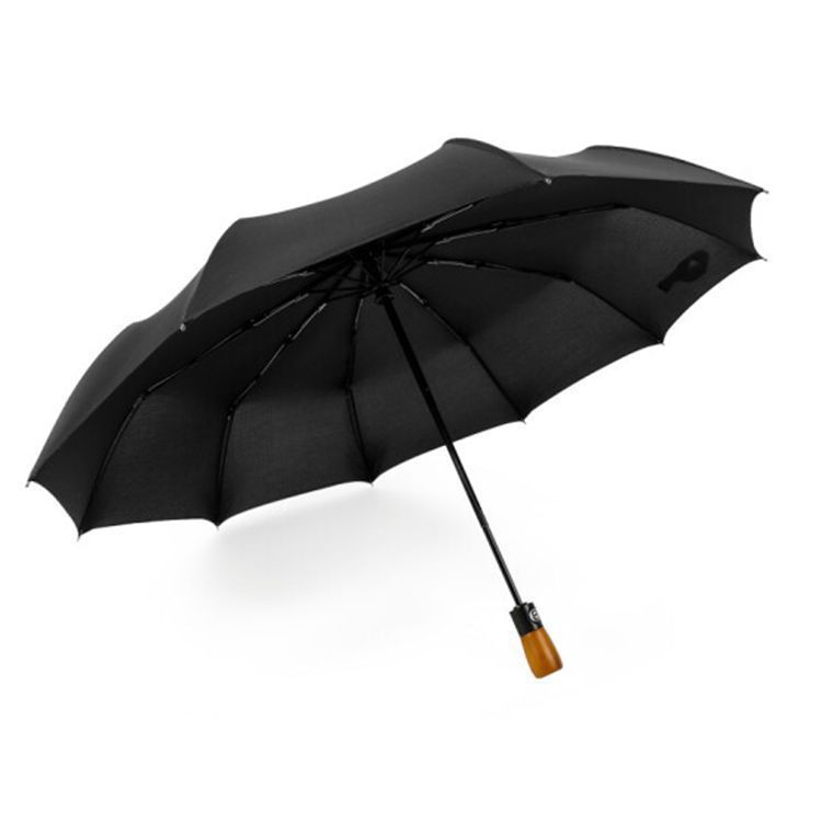 10-bone automatic three-fold umbrella, high-end wooden handle men's business folding umbrella, wind-resistant black rubber gift umbrella, advertising umbrella Item Picture