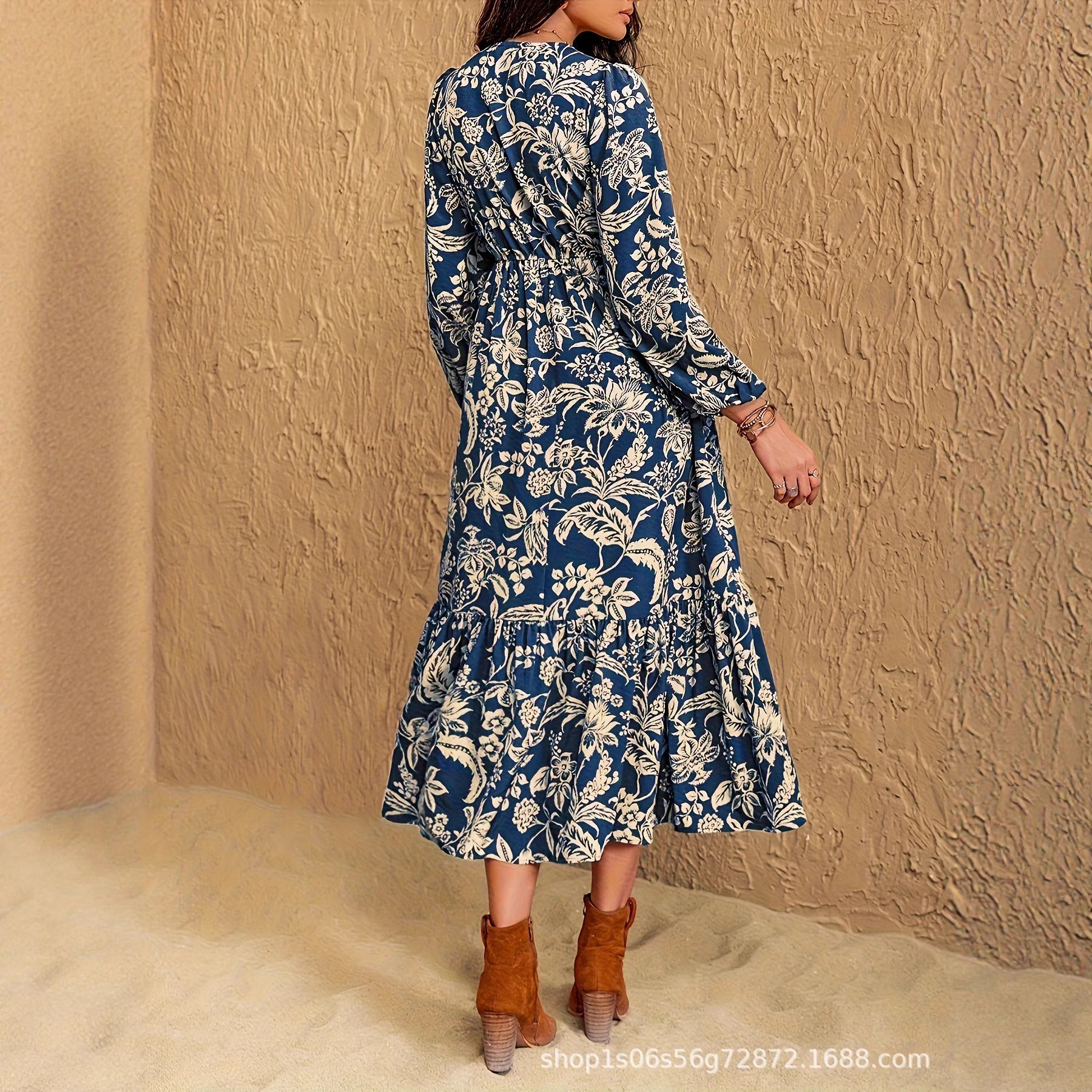 Women's floral printed Bohemian V-neck lace dress is suitable for new cross-border styles from Europe and America during festivals Specification drawing