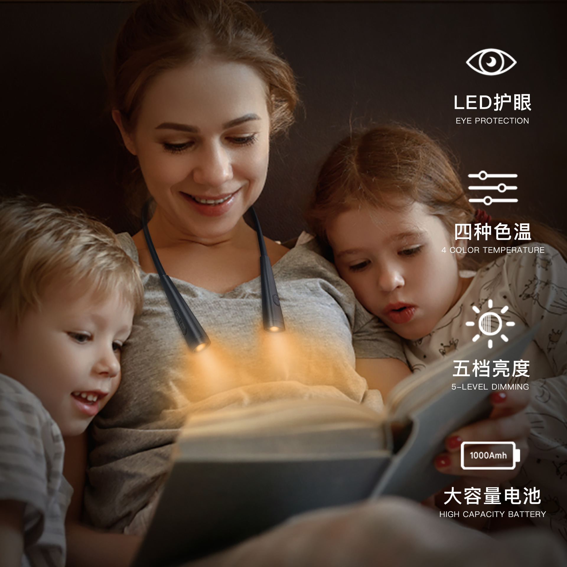 Four-color temperature LED cross-border neck-hanging reading lamp, outdoor camping night running reading lamp, USB charging learning eye-protecting lamp details Picture