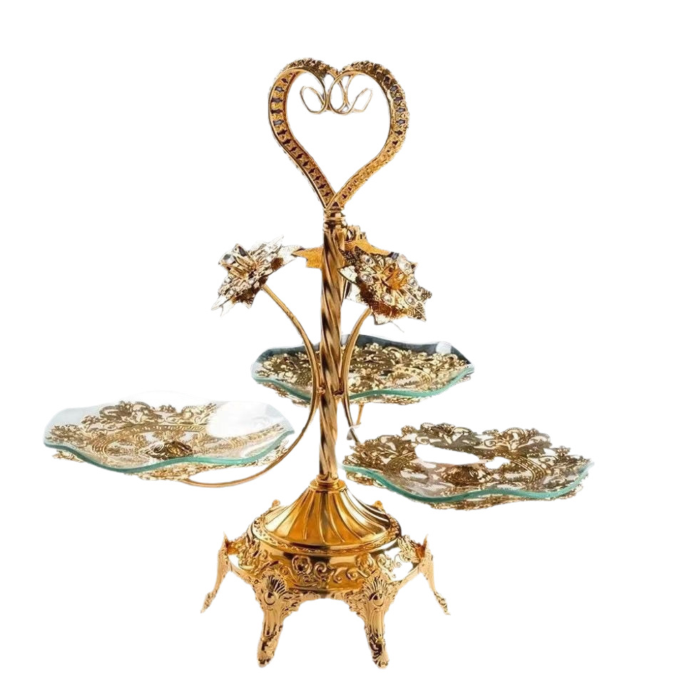 高档欧美风四格圆形水果果盘创意轻奢茶几摆件水果盘多层三层网红白底实物图