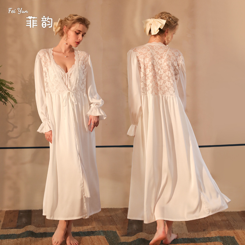 Feiyun Spring and Autumn's new satin pajamas for women, lace light luxury long-sleeved cool bathrobes and home wear for women 517