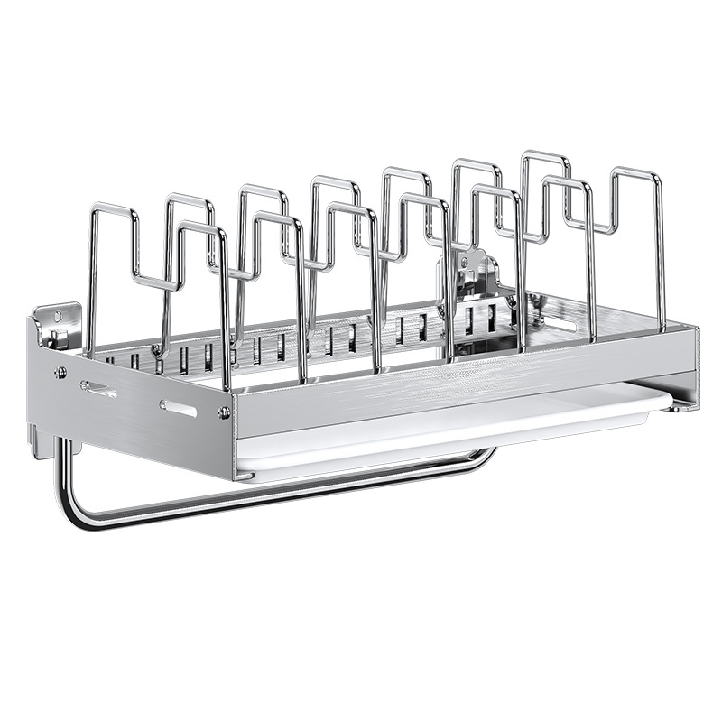 Factory wholesale stainless steel kitchen storage rack, wall-mounted adjustable telescopic pot rack without drilling, cookware storage rack Item Picture