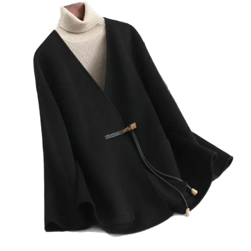 新中式黑色双面毛呢大衣女高气质牛角扣呢子外套2025秋冬新款上衣白底实物图