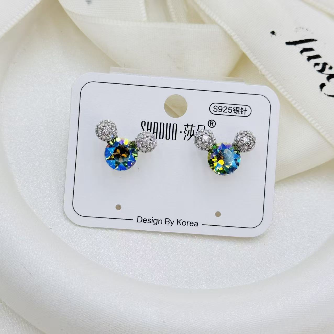 Shi Jiahua Zi Crystal Mickey Ear Stud S925 Silver Needle Anti-Allergy Colorful Sparkling AB Diamond Elegant Earrings details Picture