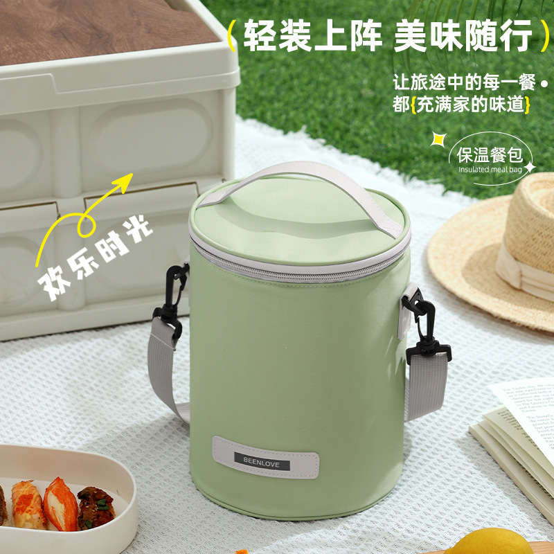 新款圆桶饭盒包斜挎手提便当包大容量上班上学带饭午餐保温包批发