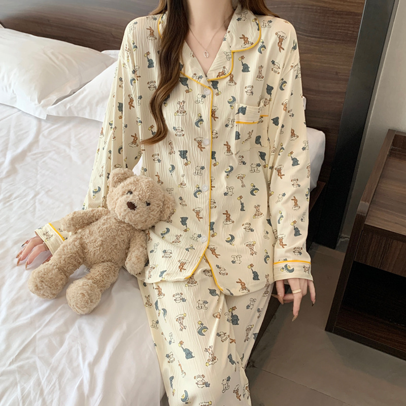 Fusheng (Real shot) Wrinkled Booker high-quality Spring and autumn cartoon cardigan women's pajamas casual set home wear details Picture