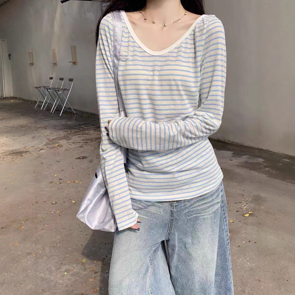 野媛复古条纹v领防晒罩衫女夏季小众学生修身百搭潮流防晒服上衣