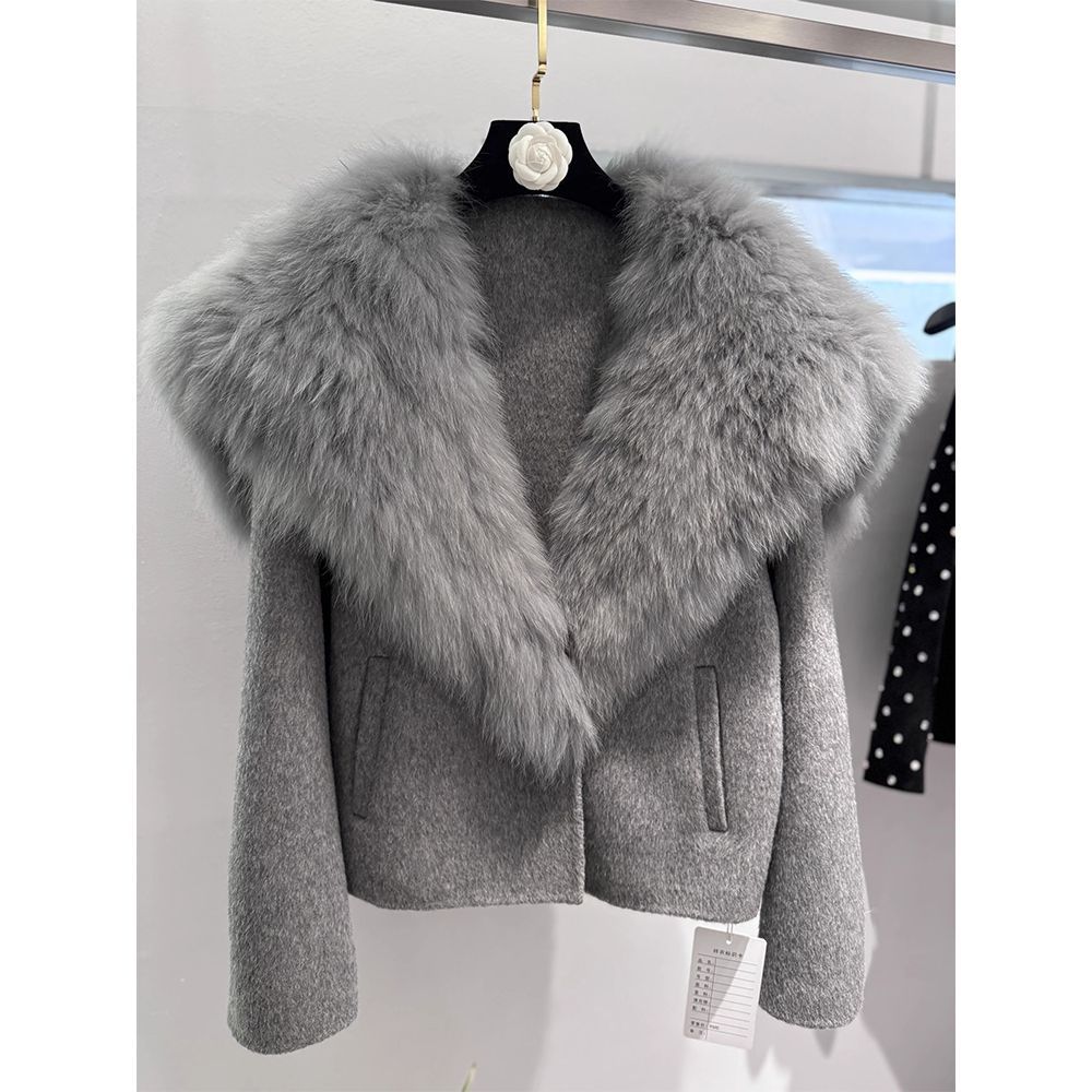 Faux fox fur knitted large fur collar detachable fur coat, double-sided nylon large fur collar short coat 2025 new style details Picture