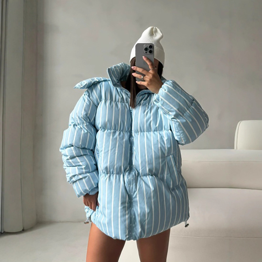 Cross-border Korean-style striped cotton-padded jacket for women, mid-length hooded loose, warm and fashionable ins style cotton-padded jacket for winter 2025