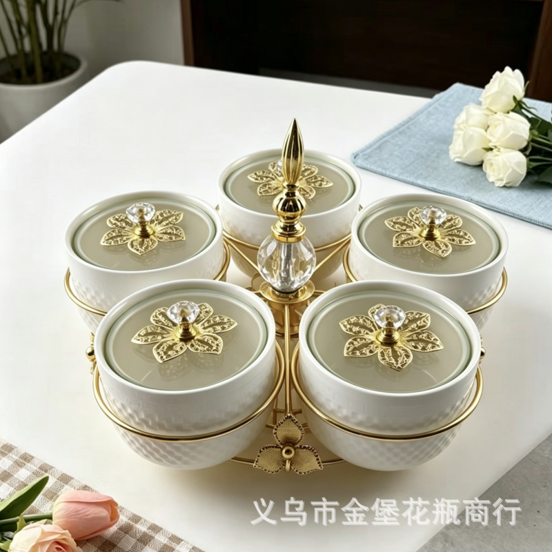复古青瓷五格旋转果 立体浮雕陶瓷带盖坚果盒跨境中东干果盘
