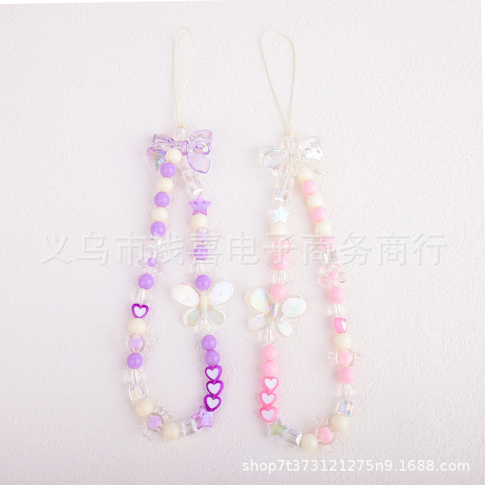 New pink bow strawberry phone chain, pearl heart letter beaded phone keychain bag, hanging baby chain Specification image