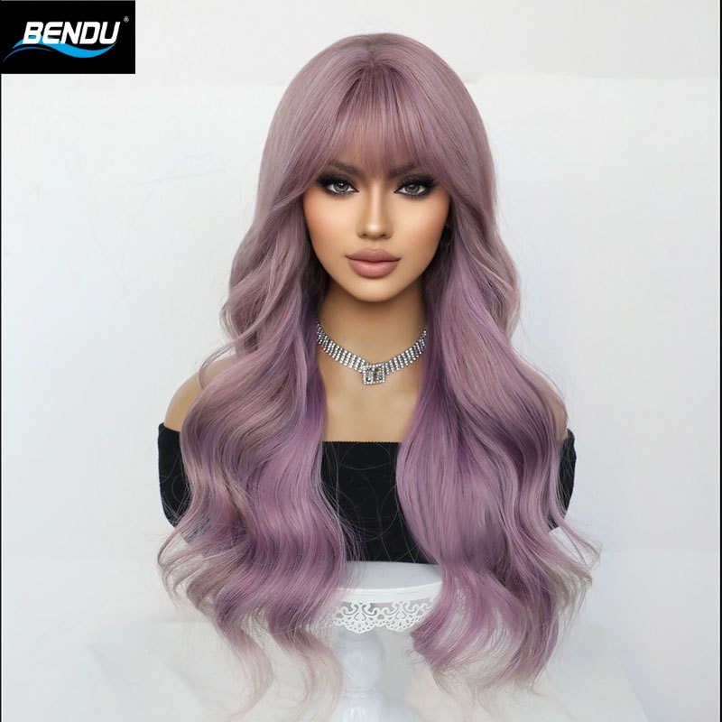 European and American ladies' large Wavy wig highlights dyed purple long curly hair Romanian purple synthetic fiber full wig Wavy wig details Picture