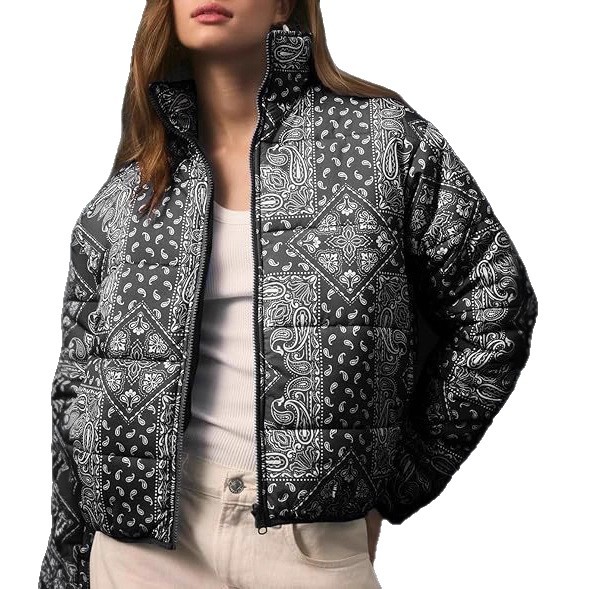 European and American cross-border trade cashew pattern printed women's winter thickened stand-up collar loose cotton jacket MG570 Item Picture