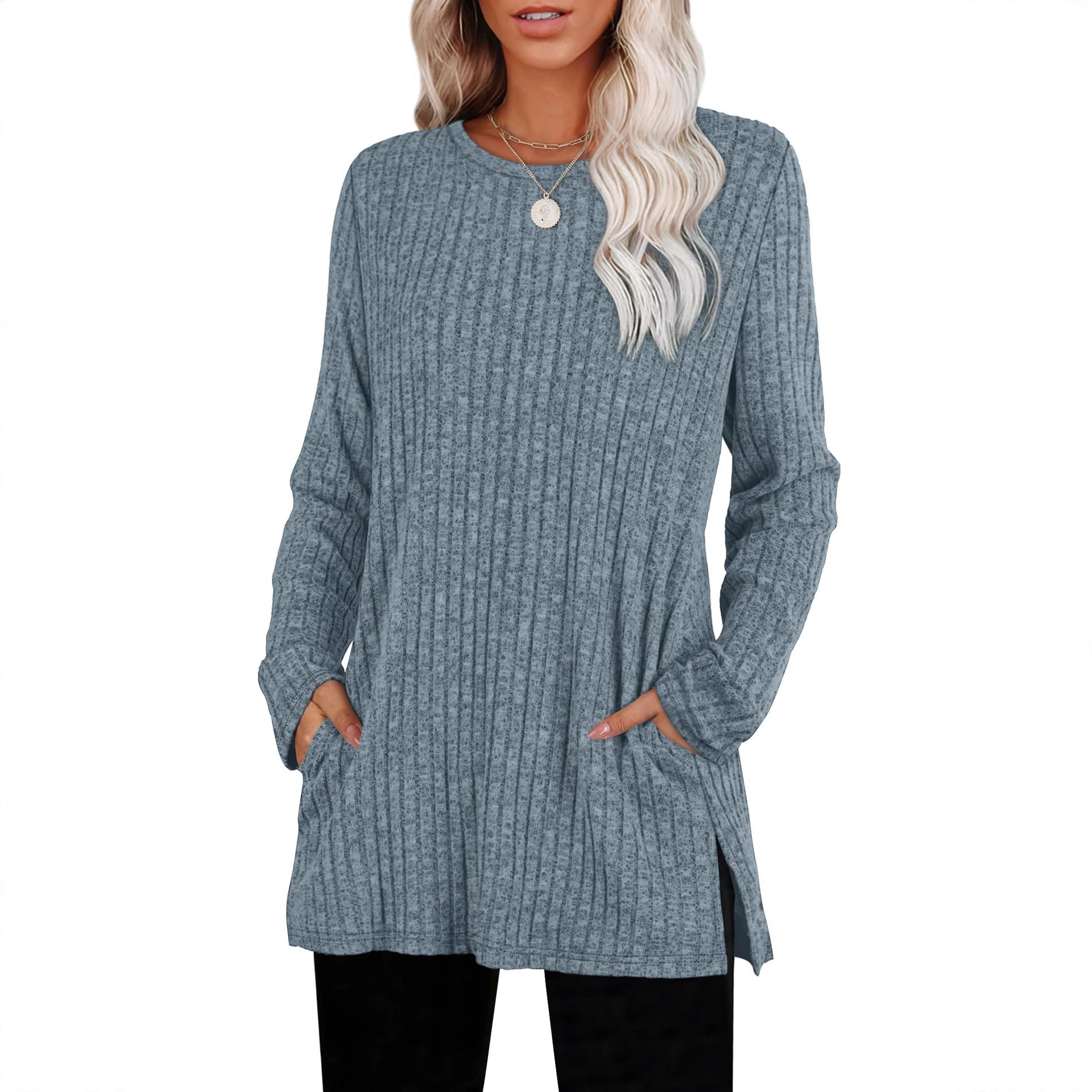 European and American women's sweaters with ripped round collars, long-sleeved shirts, pockets, autumn clothing, 2025 fashionable winter clothing with slits details Picture