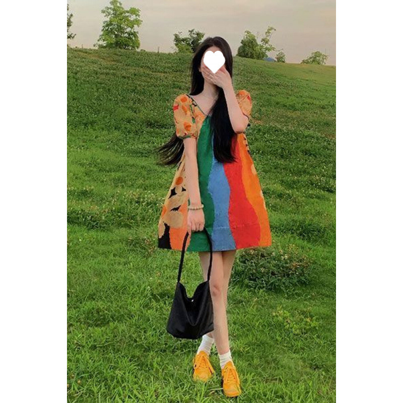高级感超好看复古别致绝美彩虹泡泡袖连衣裙女今年流行的漂亮裙子