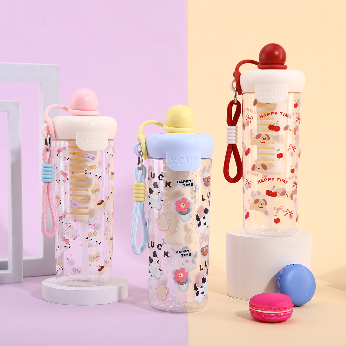 新款浮球塑料杯高颜值可爱卡通夏日水杯大容量带提绳便携弹跳杯