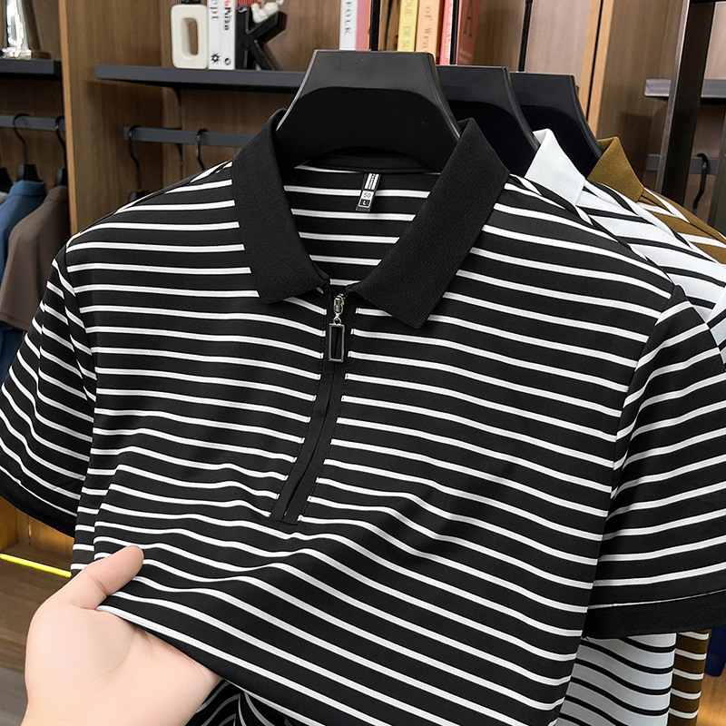 Summer new striped men's T-shirt, half-zipper short-sleeved Polo shirt, lapel thin cotton T-shirt, cross-border trade men's clothing details Picture