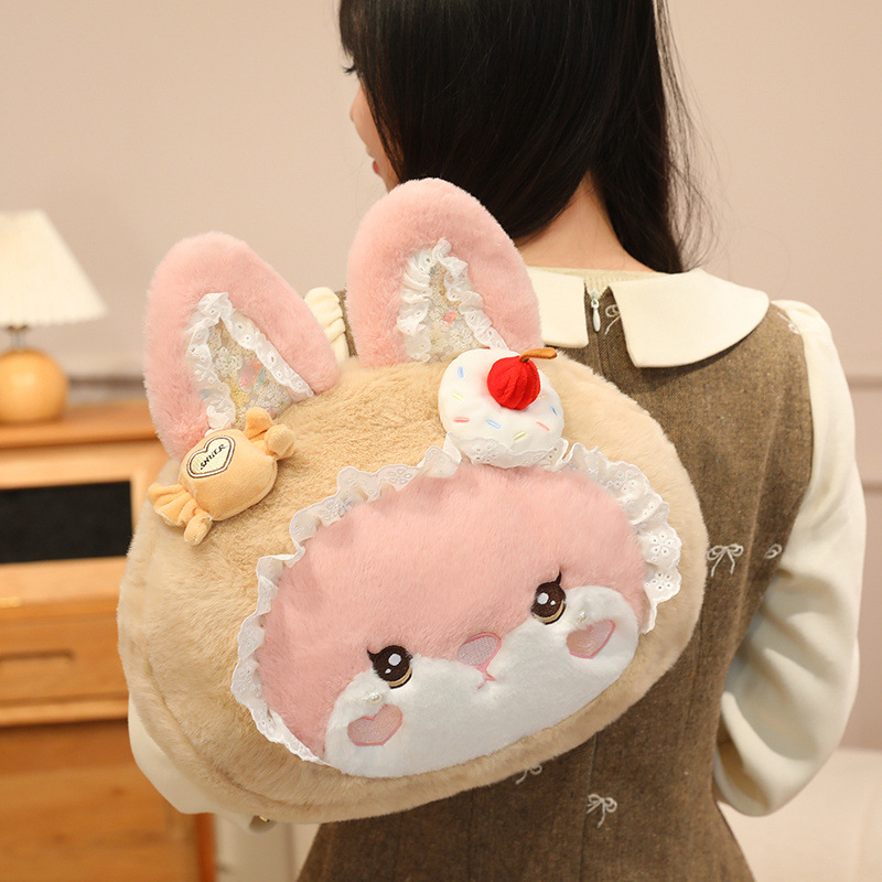 Lolita dessert Rabbit Big Head bag, pink rabbit Big face backpack, plush cute and sweet lace Sweet girl backpack Application Scenario