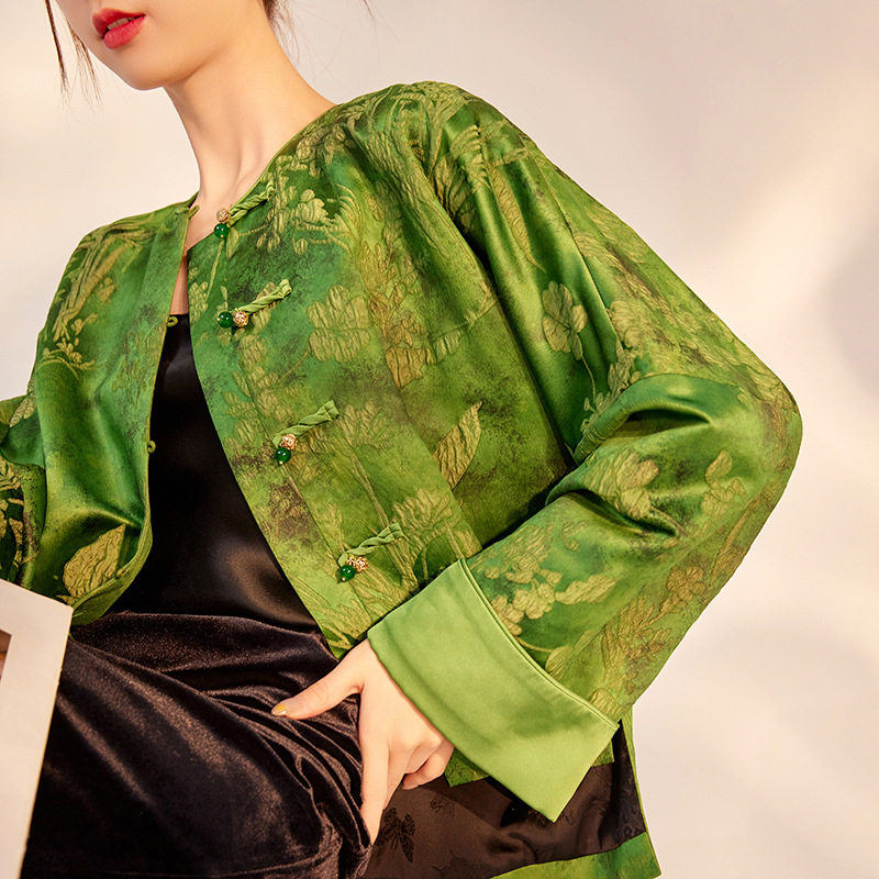 2025秋季新款中式国风印花人丝上衣复古设计感宽松外套女装 