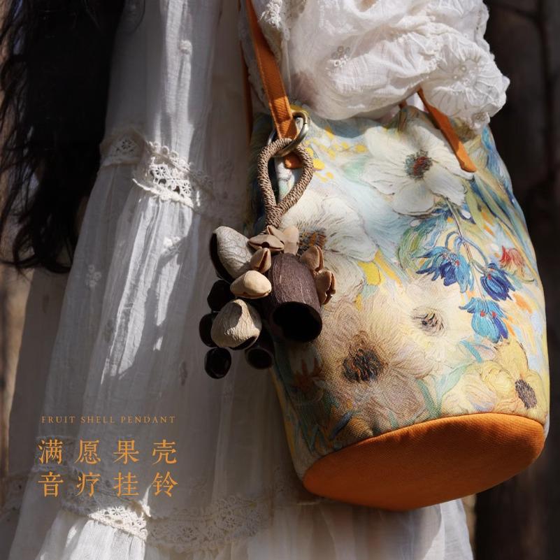 Duck tendon pendant, black fruit shell shoulder bag, full wish backpack, rattan bell pendant, fruit shell, Indonesian bell, fruit shell, sound therapy, oleander Item Picture