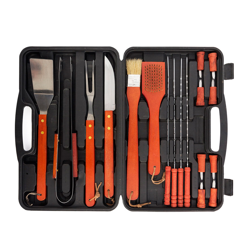 亚马逊不锈钢木柄户外露营用烤具套装塑料胶箱19件套组合烧烤工具白底实物图