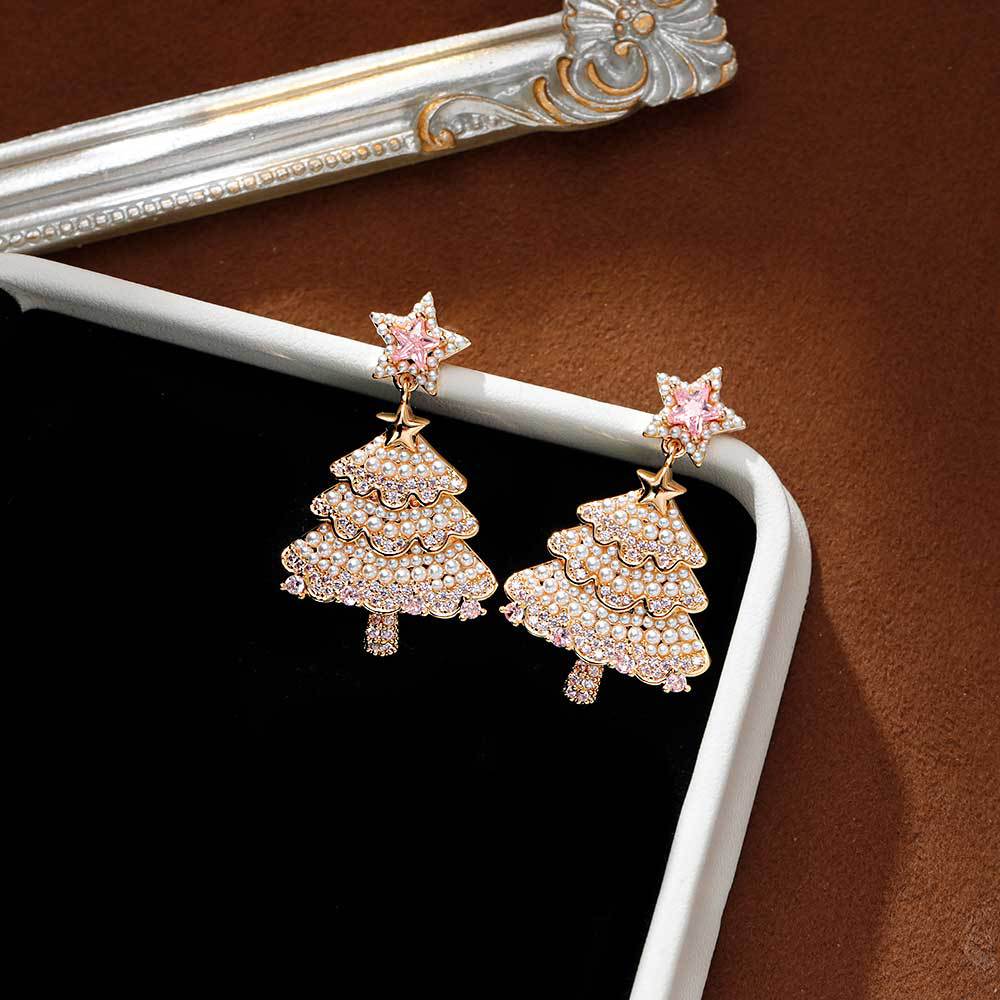 Hyacinth Douyin's best-selling Christmas tree earrings for women, a light and luxurious pink zircon high-end look, 2025 new style Specification image
