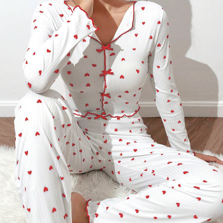 Cross-border European and American foreign trade summer new heart-shaped printed long-sleeved and long pants two-piece set for women's thin home wear and pajamas