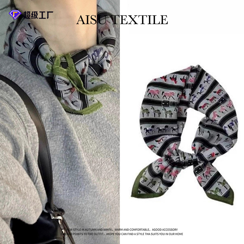 绿色小马丝巾2025年新款方巾个性优雅气质人字纹丝巾装饰领巾批发