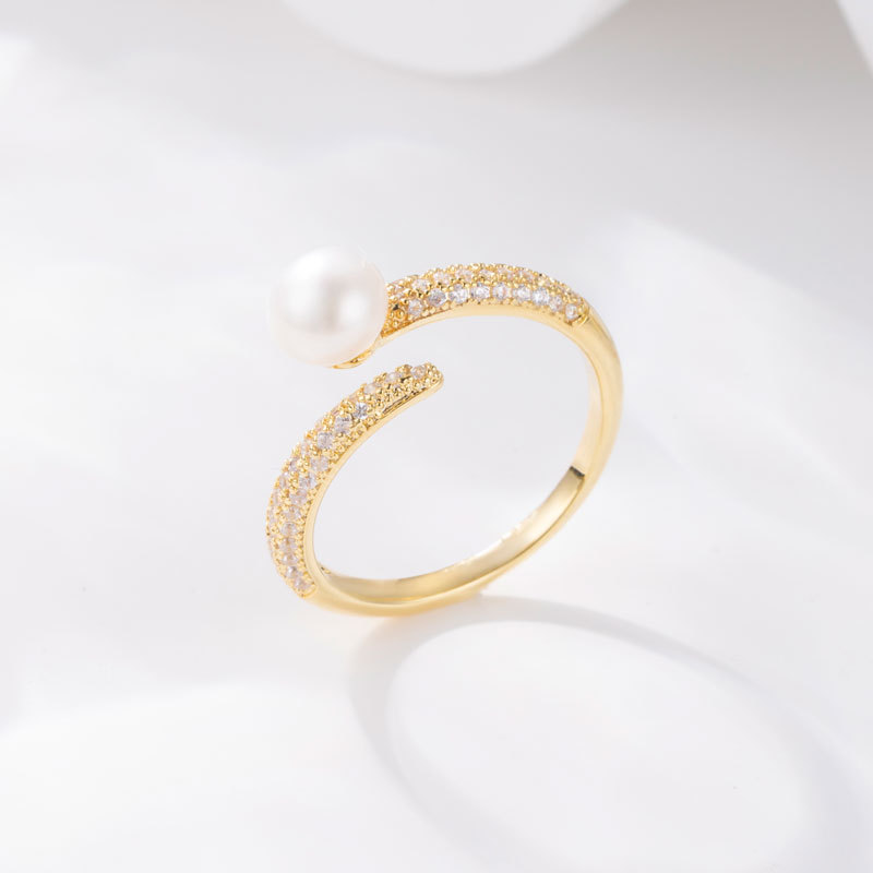Fashionable and simple freshwater pearl open ring, copper alloy slightly inlaid zirconium light luxury adjustable index finger ring, exquisite ring