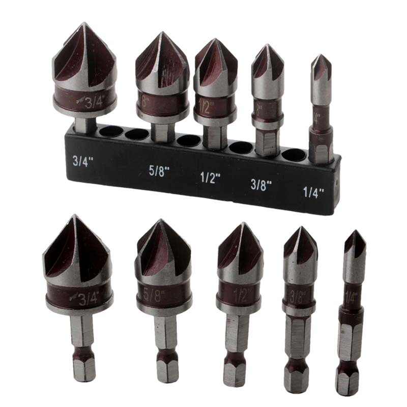 Cross-border factory 5-piece set of red 82° hexagonal handle five-edge chamfering tool chamfering knife 锪 drill screw countersunk head countersunk hole drill