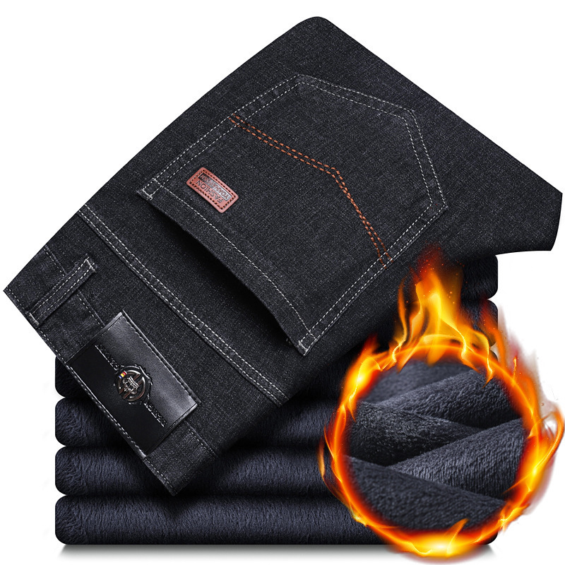 Autumn and winter jeans for men, mid-waisted straight leg, slim stretch, fleece thickened, loose business casual men's pants for middle-aged Application Scenario