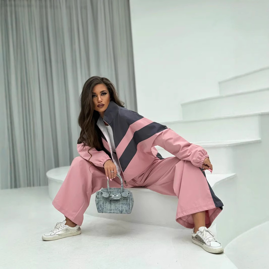 European and American women's casual suit, fashionable loose patchwork long-sleeved zipper cardigan, color-blocking top and long pants sportswear set Specification image