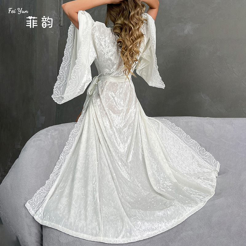 Feiyun's new European and American extended bathrobe, sexy lace light luxury long-sleeved velvet bathrobe and home wear, 623 Specification image