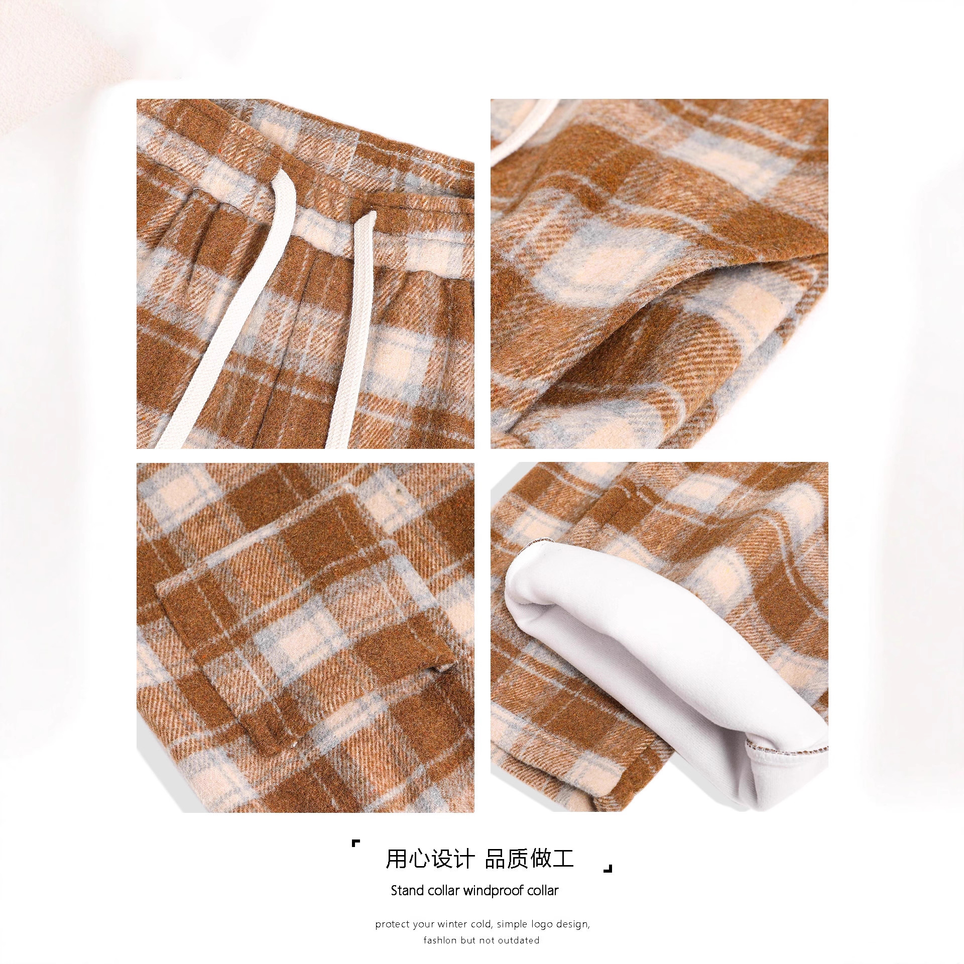 Checked pants for men in autumn and winter with fleece, trendy retro loose straight-leg pants, American-style wide-leg casual trousers with a sense of drape, are in stock and trendy Item Picture