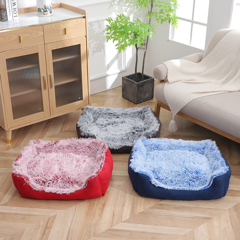 Two-color long-haired chicken plush dog bed, winter fleece thickened pet sleeping pad, detachable and washable PP cotton cat bed pad wholesale details Picture