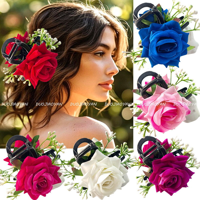Cross-border retro simulation red rose flower hair clip, fashionable handcrafted rose grab clip, back head updo, shark clip hair accessory full figure