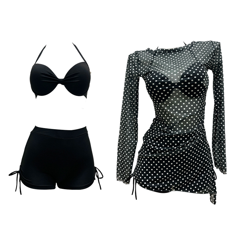 Swimsuit Women 2025 Bikini High-end Three-piece set Black polka Dot long-sleeved smock Beach Vacation style -125176 Item Picture