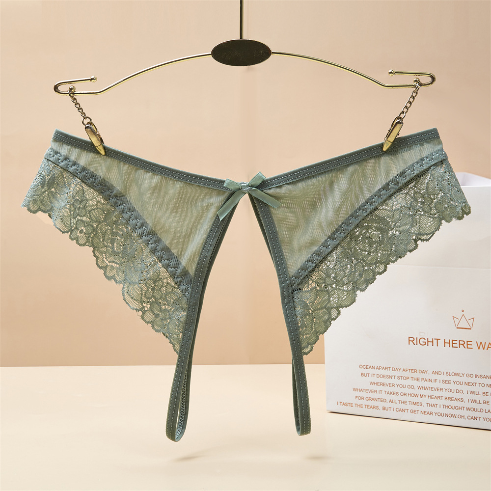 【 Customized 】 Best-selling sexy mesh lace women's underwear with bow and sexy open-crotch triangle pants Specification image
