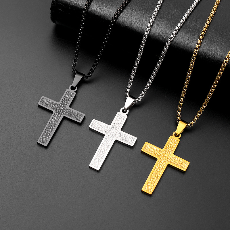 New irregular hand-hammered titanium steel cross necklace from Europe and America, stainless steel pendant for men and women Specification image