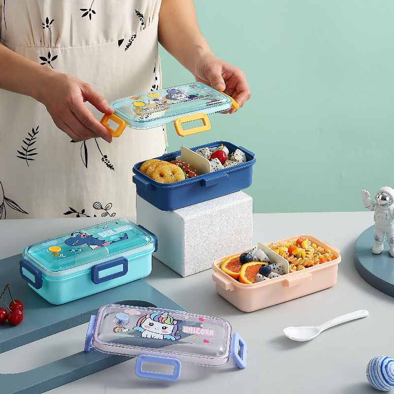 Plastic compartment-sealed lunch boxes, children and students with spoons and forks, office workers' lunch boxes, microwave-safe cross-border preservation boxes Specification image