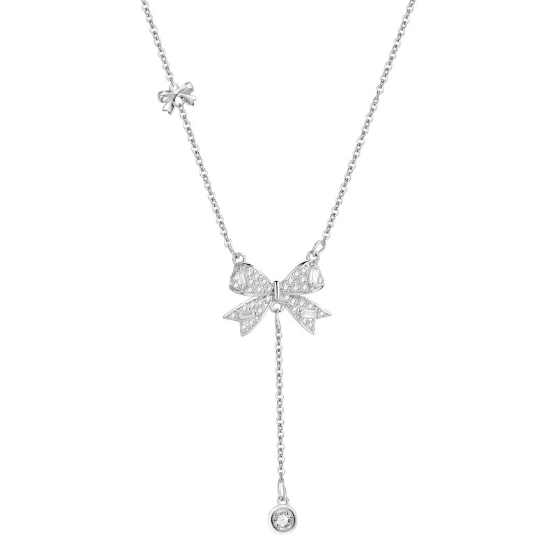 925 silver necklace, women's niche national trend, full diamond tassels, elegant and individual, bow pendant, collarbone chain accessory wholesale Item Picture