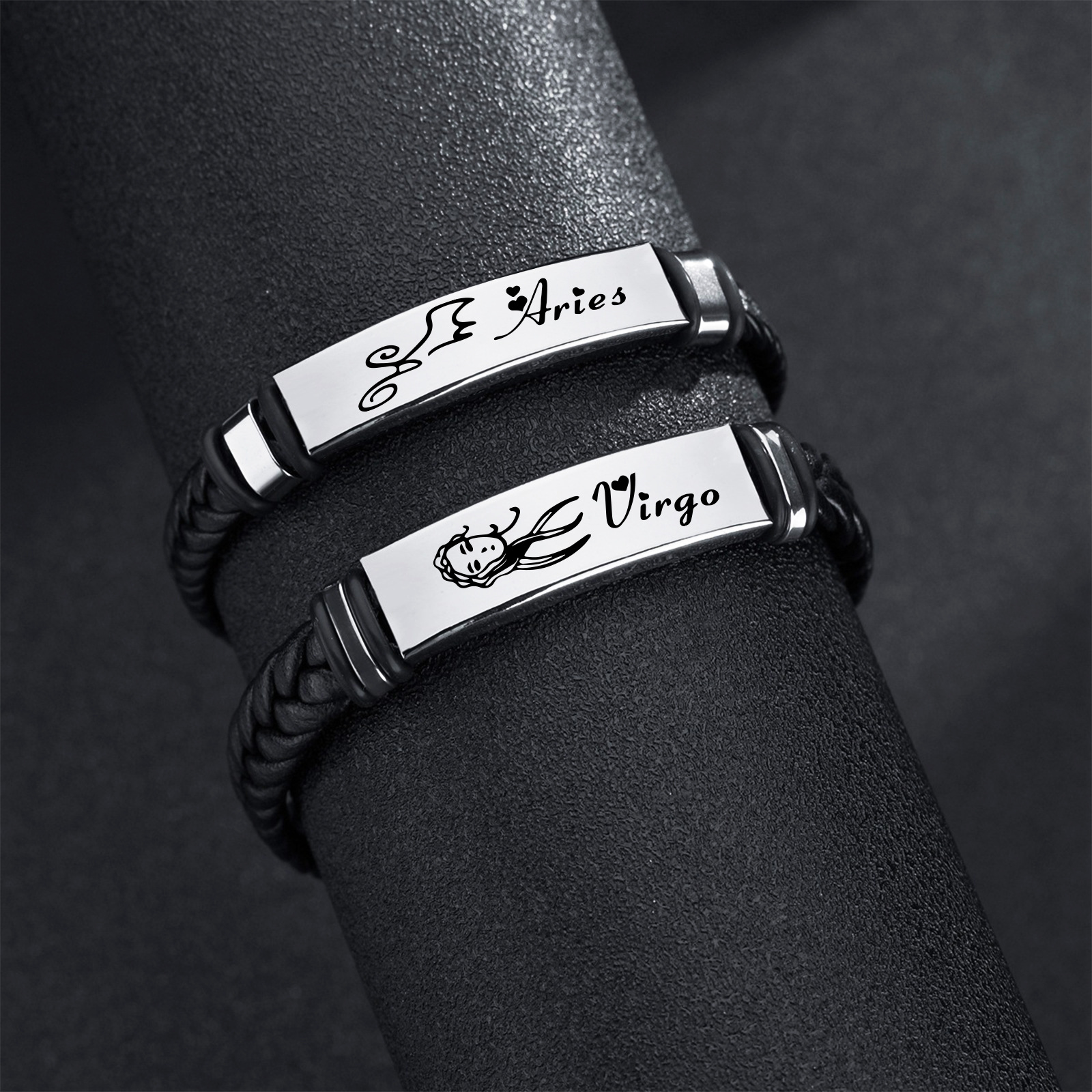 TEMU European and American cross-border personalized 12 zodiac leather woven stainless steel bracelet, elegant black accessory bracelet details Picture