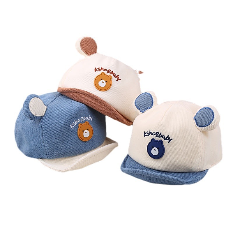 婴儿鸭舌帽春秋可爱超萌小熊拼色男女儿童棒球帽软檐宝宝帽子秋季白底实物图