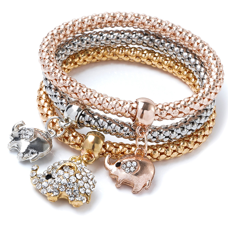 A cross-border best-selling alloy three-color set of elastic popcorn corn chain with diamond heart pendant bracelet for women from Europe and America Specification drawing