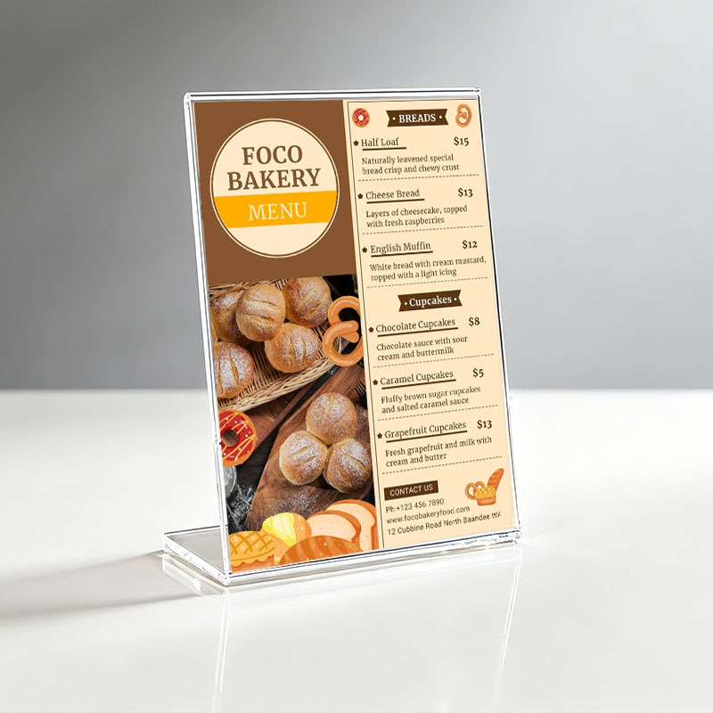 Cross-border Amazon acrylic table card L-shaped transparent display stand, wine price list menu stand display board, customized Western restaurant drink price tag stand, hotel dish description display stand counter, product introduction vertical bracket details Picture