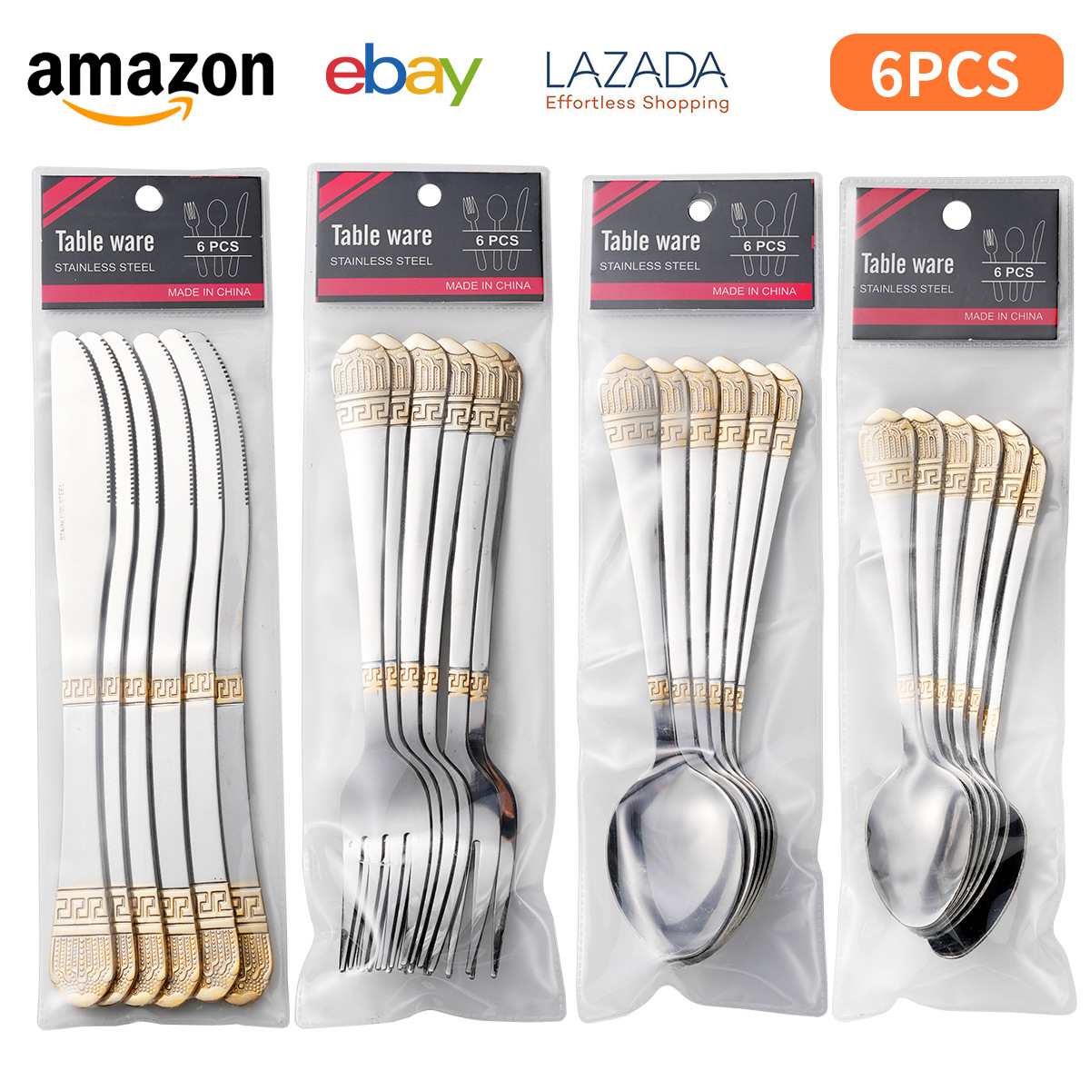Middle East cross-border stainless steel tableware set, embossed gold-plated knife, fork and spoon, pvc bag, 6-piece steak knife, fork and spoon Specification image